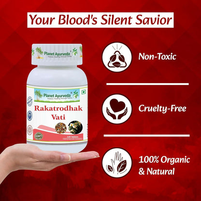Planet Ayurveda Rakatrodhak Vati Ayurvedic tablets in a clear container with traditional packaging and herbal ingredients visible.
