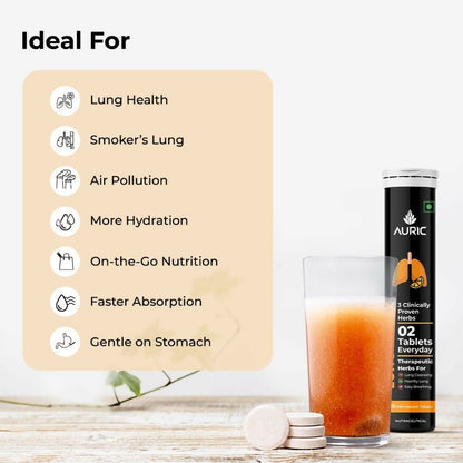 Auric Lung Detox Effervescent Ayurvedic Tablets dissolved in glass, showcasing natural ingredients and vibrant effervescent bubbles.