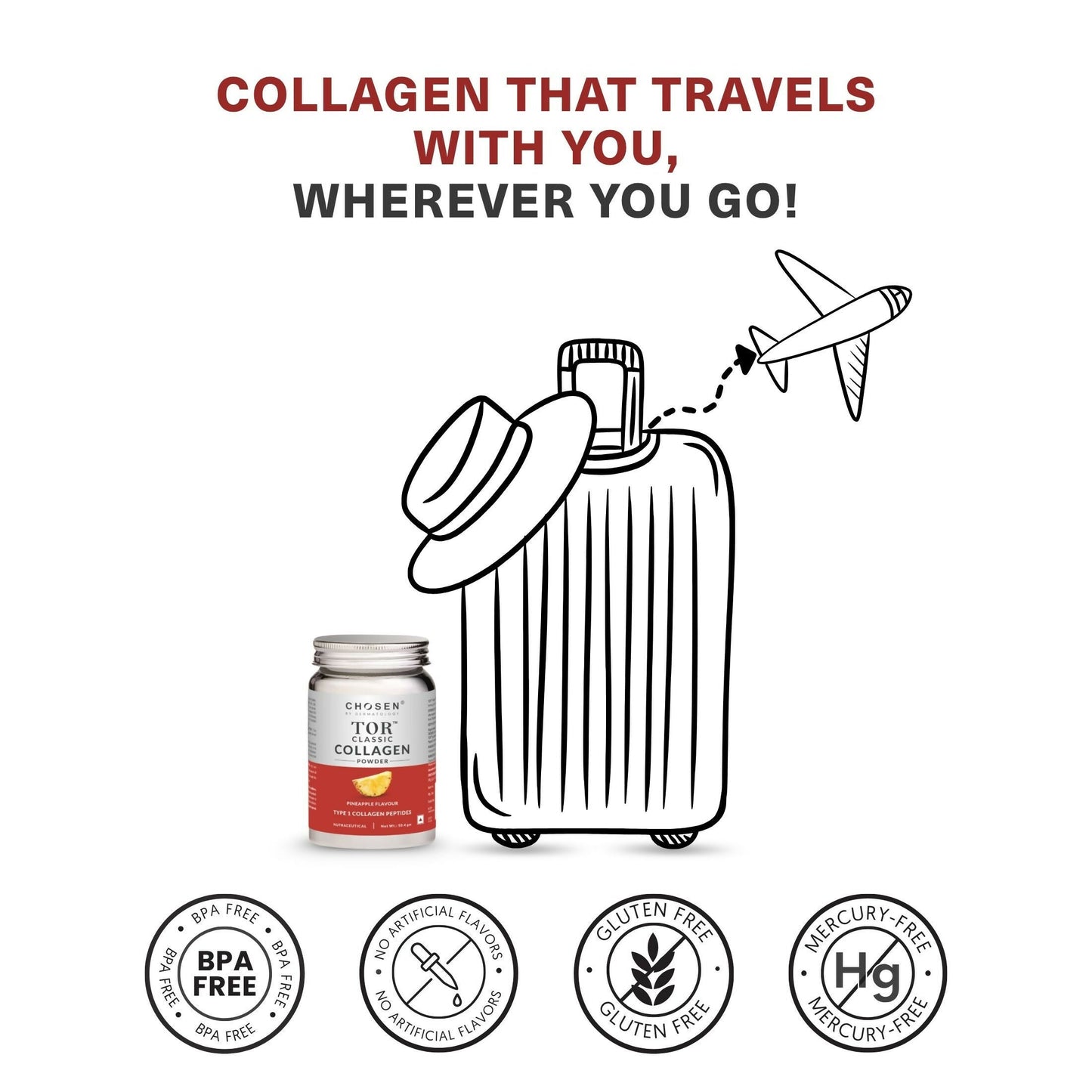 Chosen Tor Classic Marine Collagen Powder for skin, hair, and joint health, shown in a container with a scoop of collagen powder.