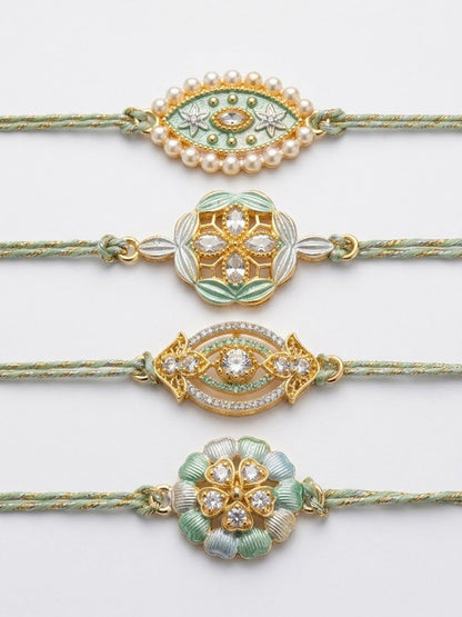 Anouk Set Of 4 White Artificial Stones & Green Thread Rakhi