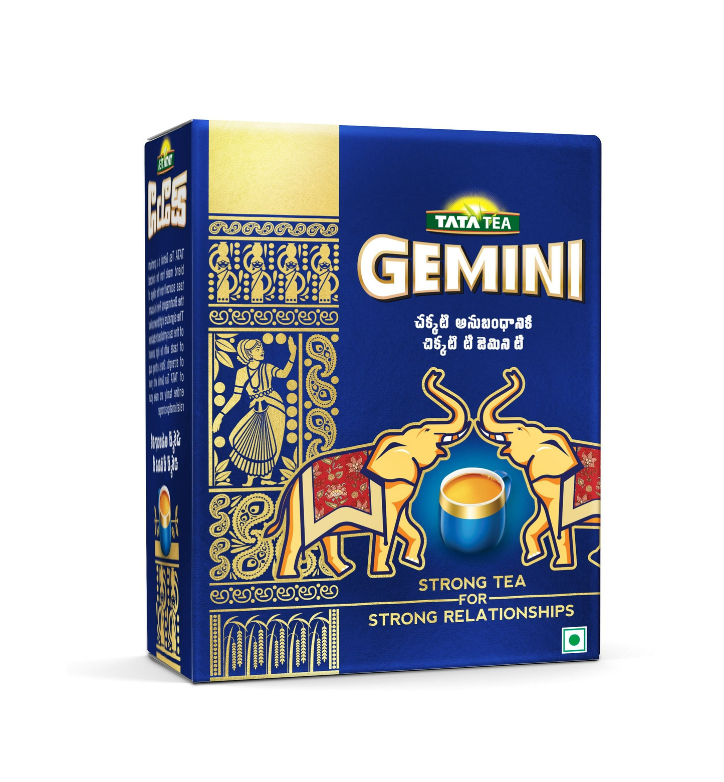 Tata Tea Gemini Strong Assam Tea black tea powder in a container, showcasing rich, dark tea leaves and packaging.