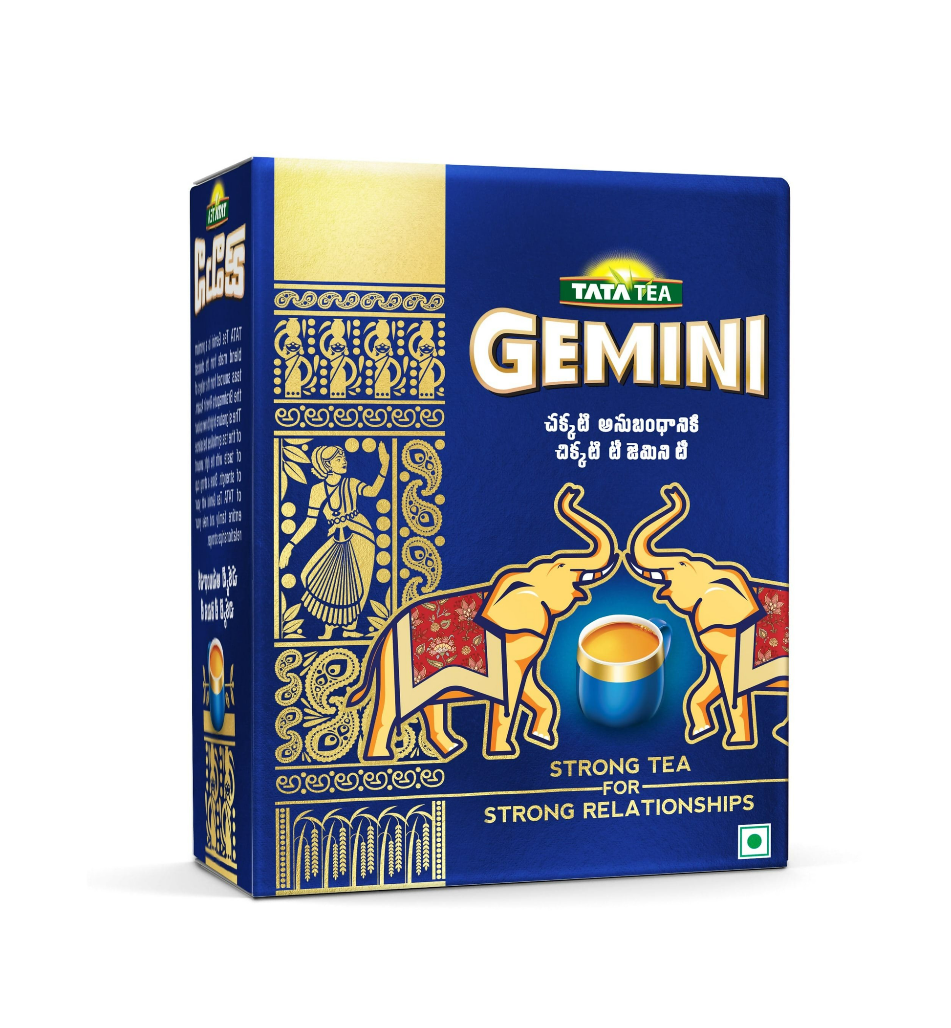 Tata Tea Gemini Strong Assam Tea black tea powder in a container, showcasing rich, dark tea leaves and packaging.