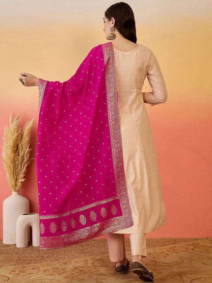 Indyancart SN Women's Floral Yoke Design Panelled Thread Work A-Line Kurta With Trouser And Dupatta