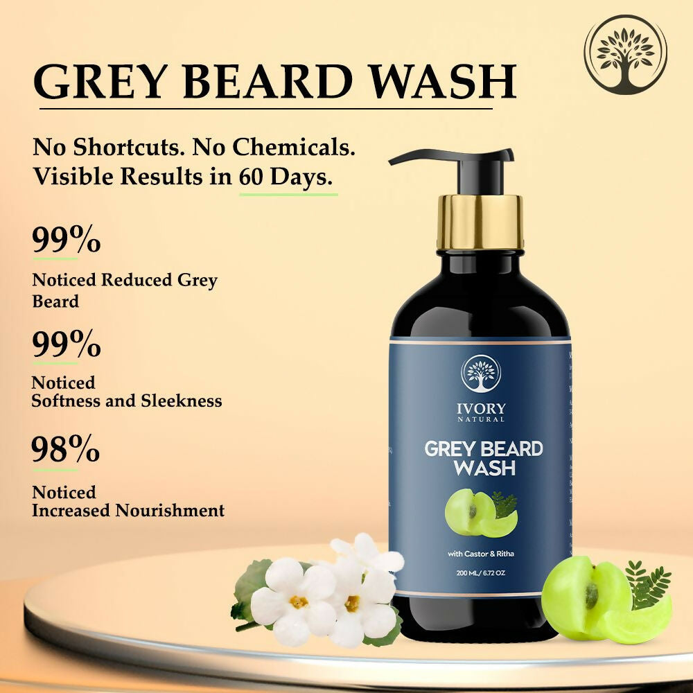 Ivory Natural beard wash in a bottle, designed to reduce graying and restore natural black beard color, suitable for all beard types.