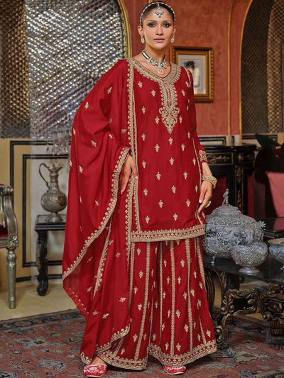 Indyancart IE Women Ethnic Motifs Embroidered Kurta with Sharara & Dupatta