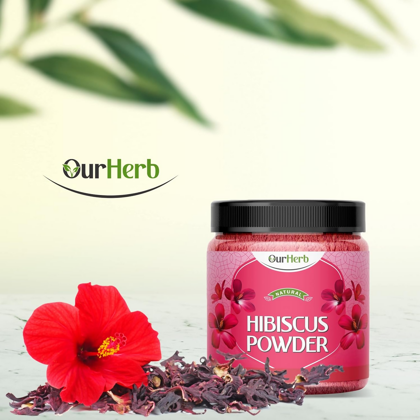 OurHerb Hibiscus Flower Powder face pack and hair mask, natural botanical treatment for all hair types and skin.