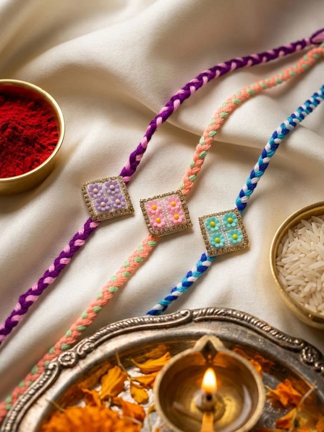 Anouk Set Of 3 Multicolor Ad Thread Rakhi With Roli Chawal Chandan Mishri