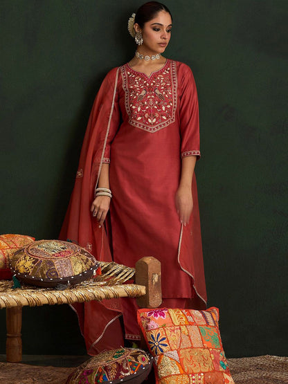 Indyancart IE Ethnic Motifs Embroidered Thread Work Straight Kurta With Trousers & Dupatta