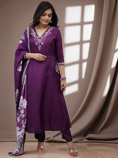 Indyancart SN Women's Floral Embroidered Pure Cotton A-Line Kurta with Churidar & Dupatta