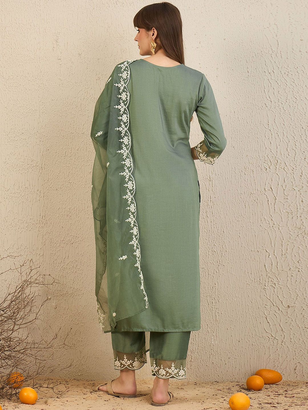 Indyancart IE Floral Embroidered Straight Kurta With Trousers & Dupatta