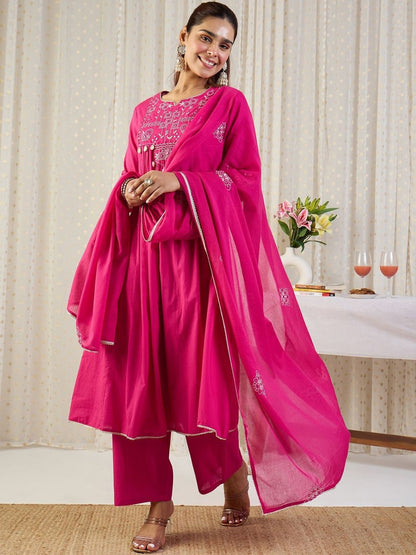 Ethnic Motifs Embroidered Thread Work Pure Cotton Kurta With Trousers & Dupatta
