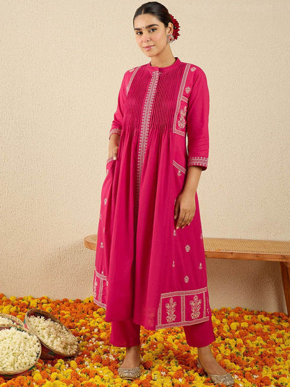 Dhiyona IE Embroidered Pure Cotton Mandarin Collar Neck Top With Trousers Co-Ords