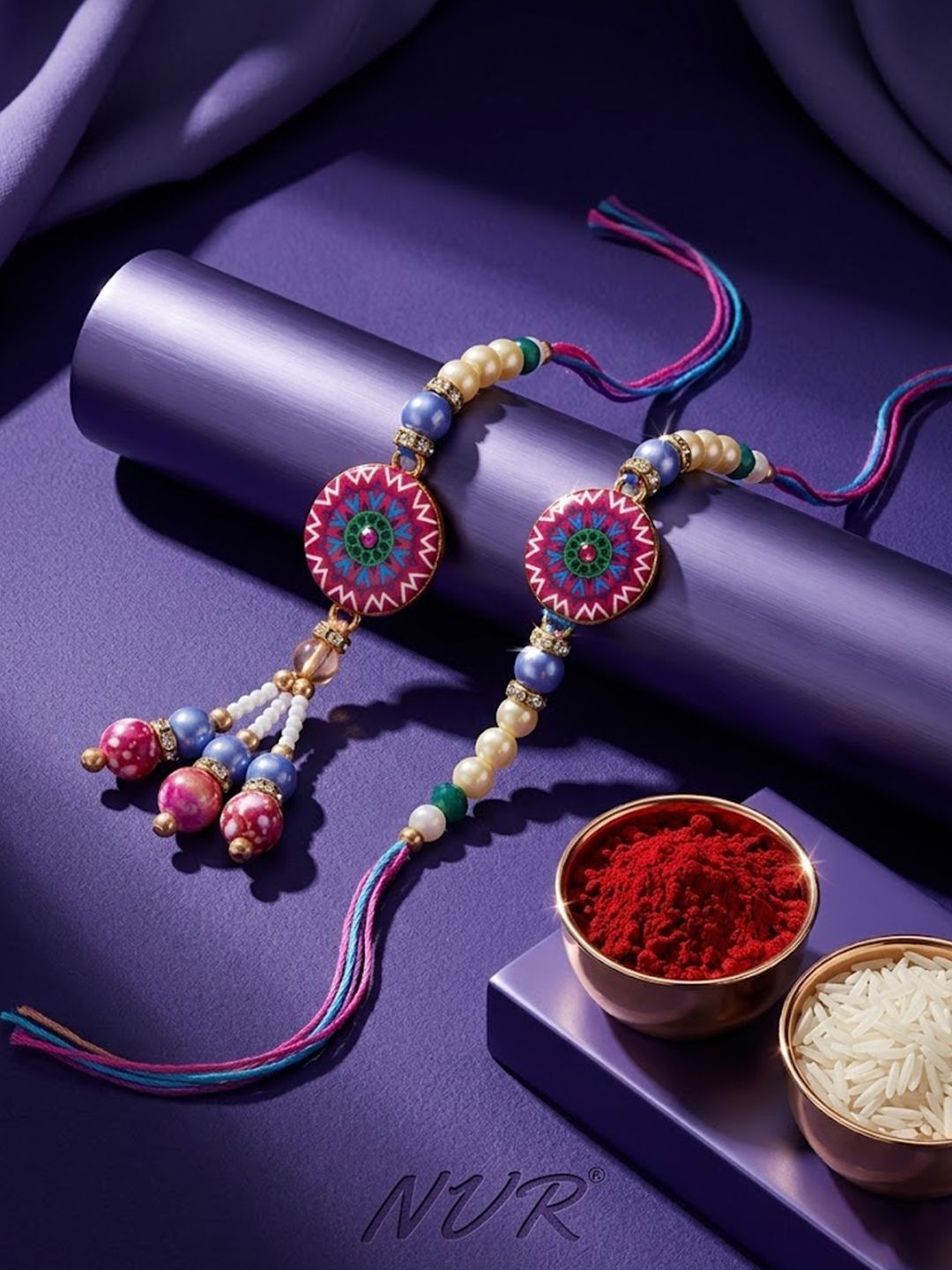Anouk Set Of 2 Artificial Stones & Beads Floral Design Bhaiya Bhabhi Rakhi