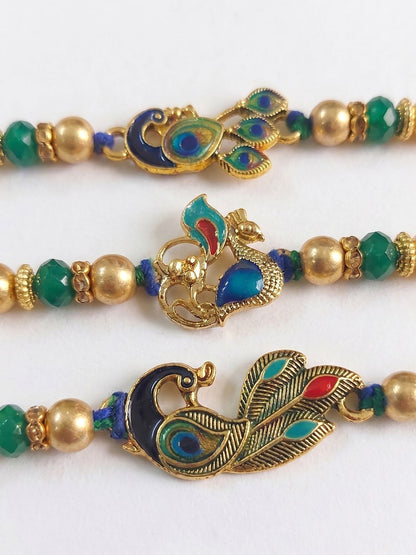 Anouk Set Of 3 Peacock Design Multicolor Artificial Beads Thread Rakhi With Roli Chawal