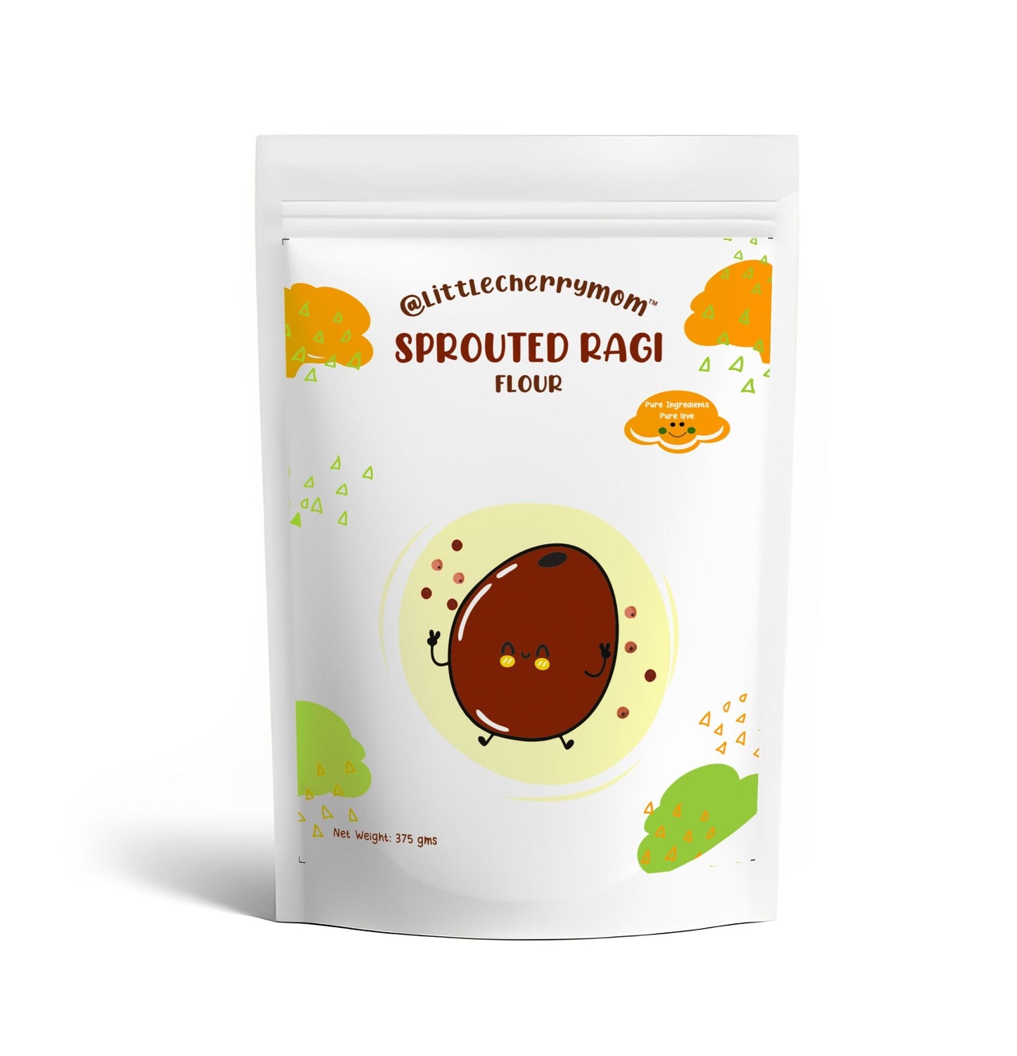 Littlecherrymom sprouted ragi flour in a clear bowl, highlighting its coarse texture and natural color, ideal for baby food.