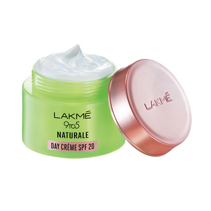 Lakme 9 to 5 Naturale Day Face Cream jar, natural skincare product for daily use, in a white and green container.