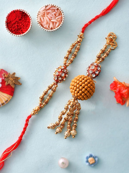 Anouk Gold-Toned Rudraksha Beaded Bhaiya Bhabhi Rakhi With Roli Chawal & Greeting Card