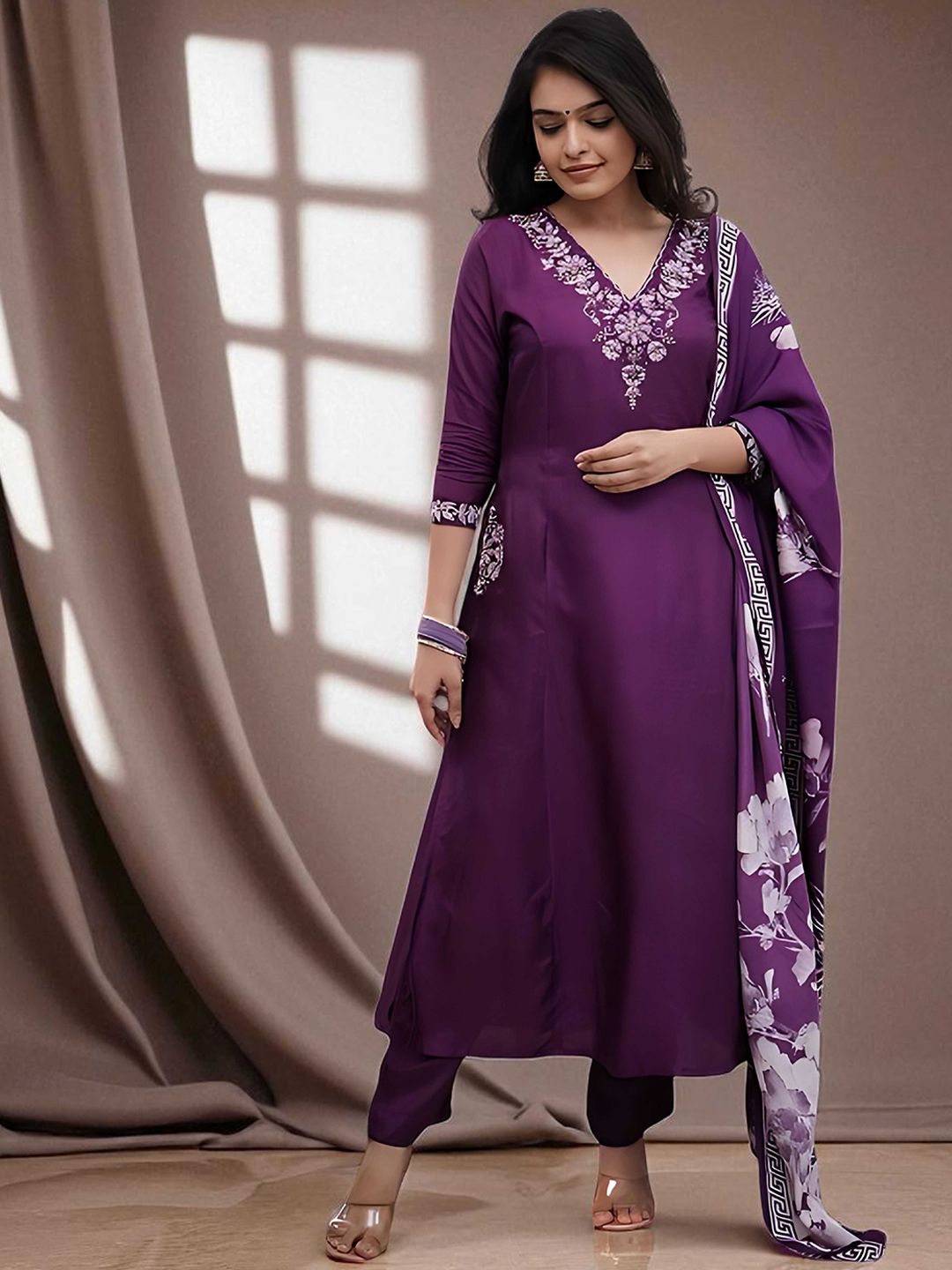 Indyancart SN Women's Floral Embroidered Pure Cotton A-Line Kurta with Churidar & Dupatta