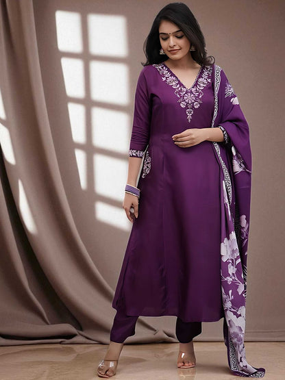 Indyancart SN Women's Floral Embroidered Pure Cotton A-Line Kurta with Churidar & Dupatta