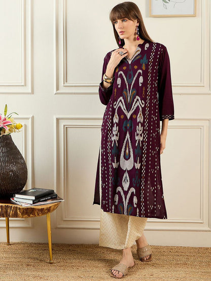 Indyancart IE Ethnic Motifs Printed Mandarin Collar Straight Kurta