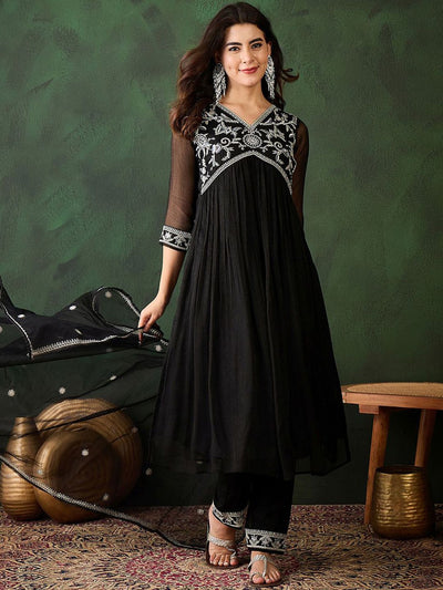 Indyancart SN Women's Embroidered Thread Work Anarkali Kurta & Trousers With Dupatta