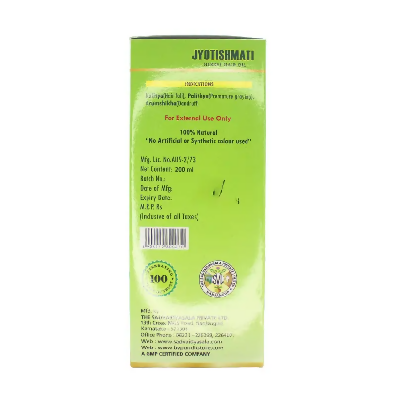 B V Pundit's Jyotishmati herbal hair oil bottle, showcasing the natural herbal hair oil for healthy hair.