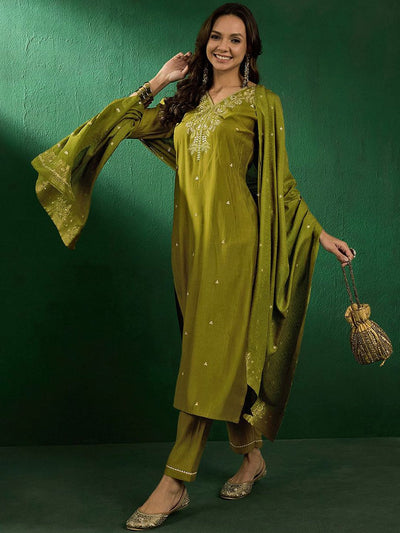 Indyancart SN Women's Floral Embroidered Straight Kurta with Trousers & Dupatta