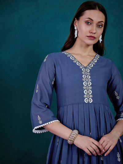 Indyancart SN Women's Floral Embroidered V Neck Sequinned Pure Cotton Anarkali Kurta & Trousers