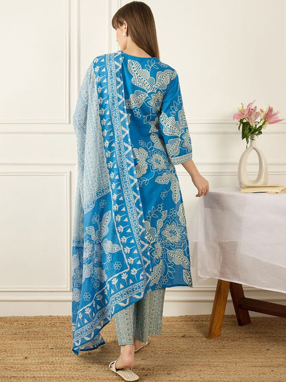 Floral Printed V-Neck Regular Pure Cotton A-Line Kurta With Trousers & Dupatta