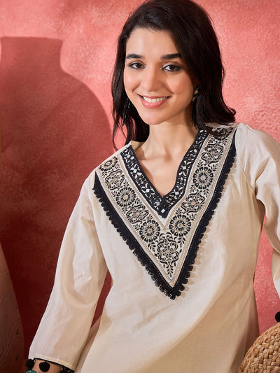 Indyancart SN Women's Floral Embroidered V-Neck A-Line Kurta With Dhoti Pant & Bag