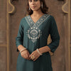 Dhiyona IE Ethnic Motifs Yoke Design V-Neck Thread Work Straight Kurta With Trousers