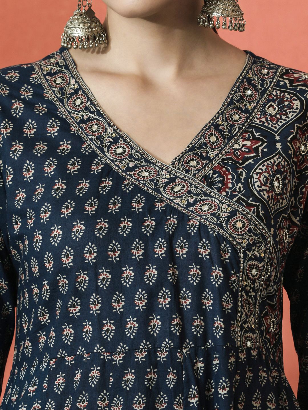 Indyancart SN Women's Floral Printed Pure Cotton V-Neck Angrakha Kurta With Trousers And Dupatta