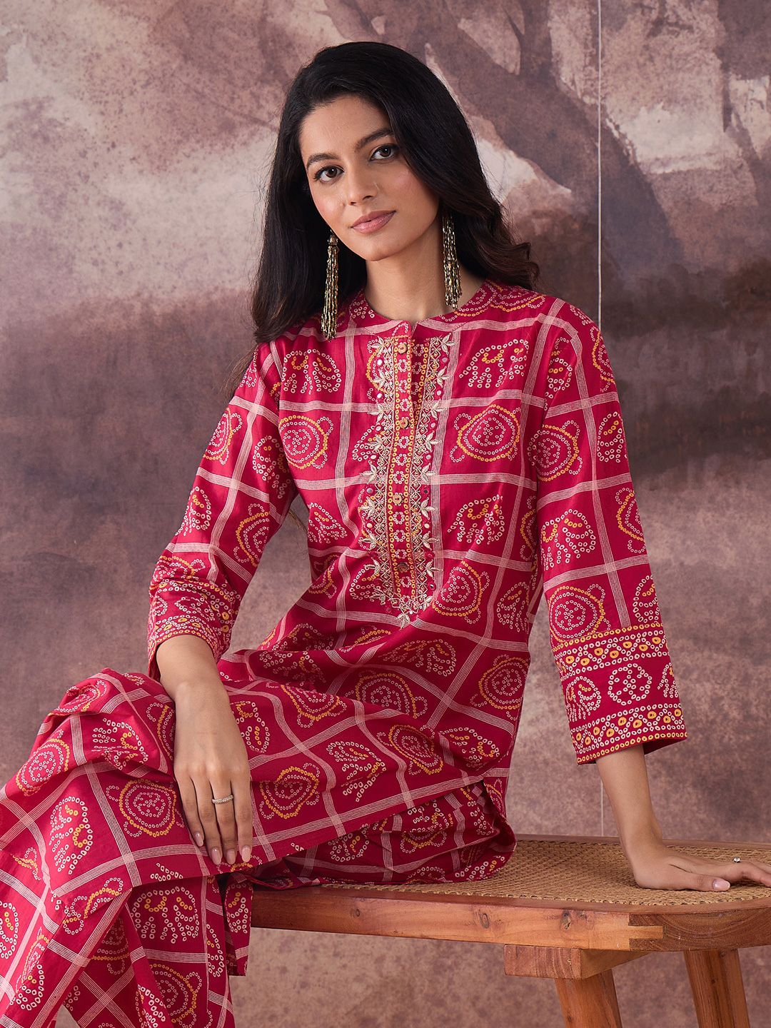 Indyancart IE Printed Mandarin Collar Pure Cotton Tunic With Trousers