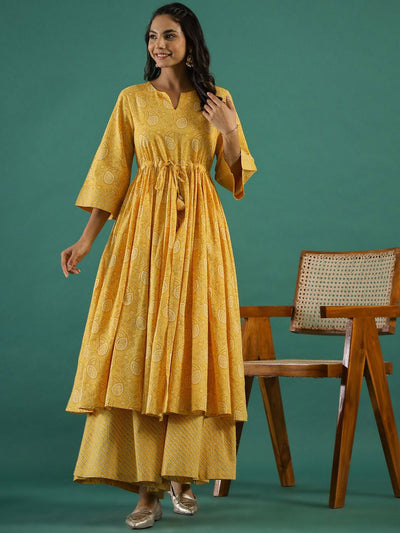 Indyancart SN Women's Yellow Bandhani Printed Notch Neck Empire Anarkali Pure Cotton Kurta With Palazzos