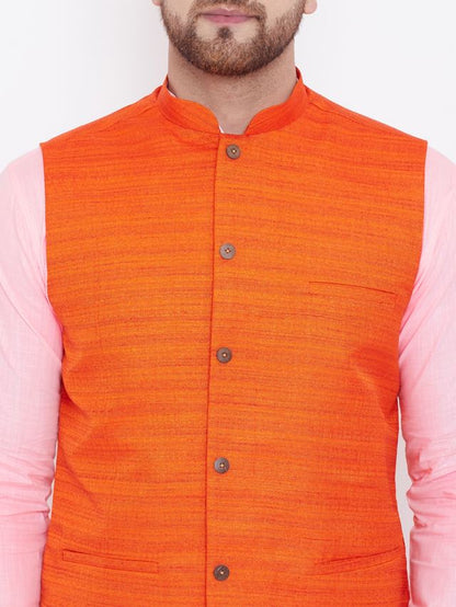 Men's Pink Cotton Blend Straight Jacket  Kurta and Pyjama Set