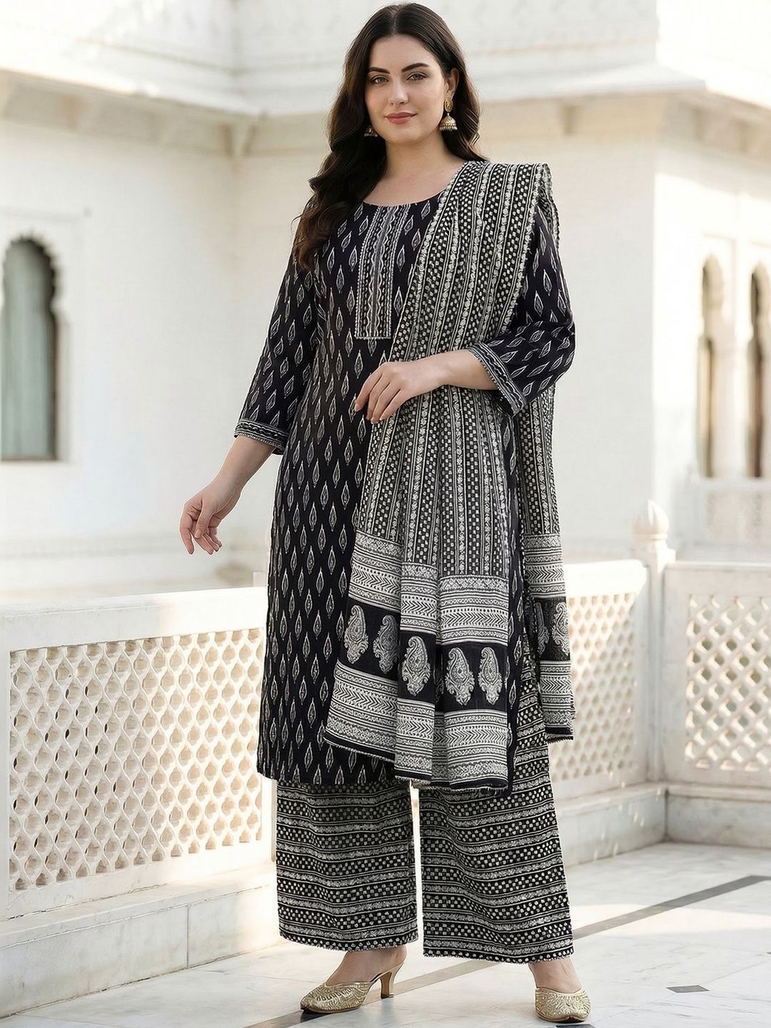 Indyancart Women's Ethnic Motifs Printed Regular Pure Cotton Kurta with Palazzos & With Dupatta