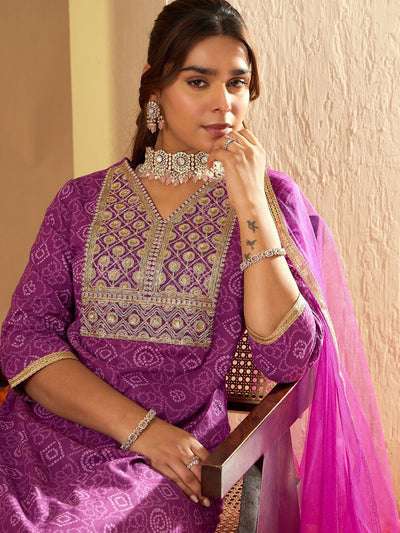 Dhiyona IE Bandhani Embroidered Sequinned Pure Cotton Straight Kurta With Trousers & Dupatta