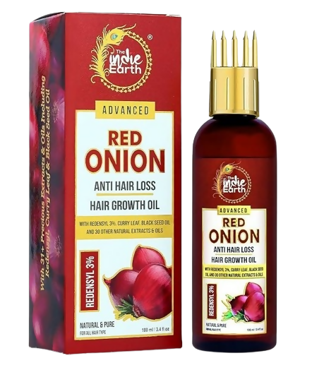 The Indie Earth Advanced 3% Redensyl Red Onion Hair Growth Oil bottle, showcasing the product label with a sleek design.