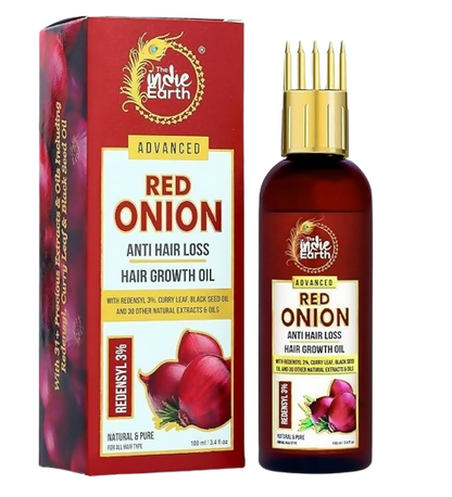 The Indie Earth Advanced 3% Redensyl Red Onion Hair Growth Oil bottle, showcasing the product label with a sleek design.