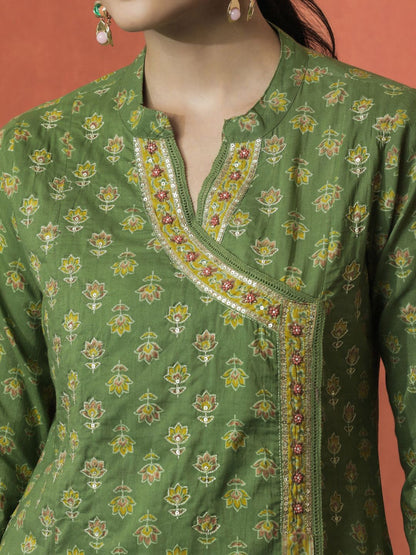 Indyancart SN Women's Floral Printed Mandarin Collar Pure Cotton Straight Kurta With Trouser & Dupatta
