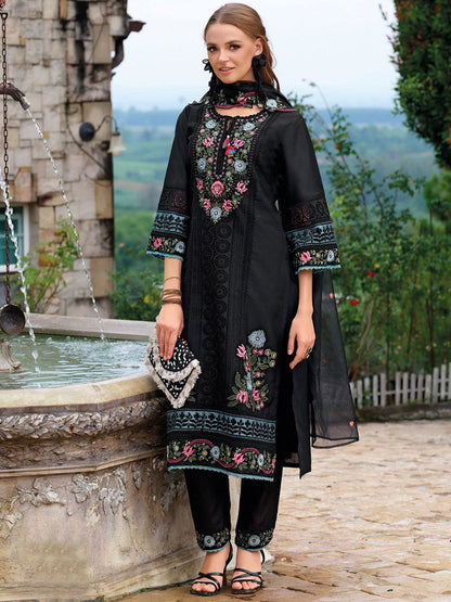 Floral Embroidered Tie-Up Neck Thread Work Straight Kurta With Trousers & Dupatta