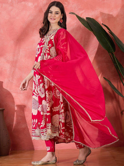 Indyancart SN Women's Floral Printed With Thread Work Embroidered Kurta With Trousers & Dupatta