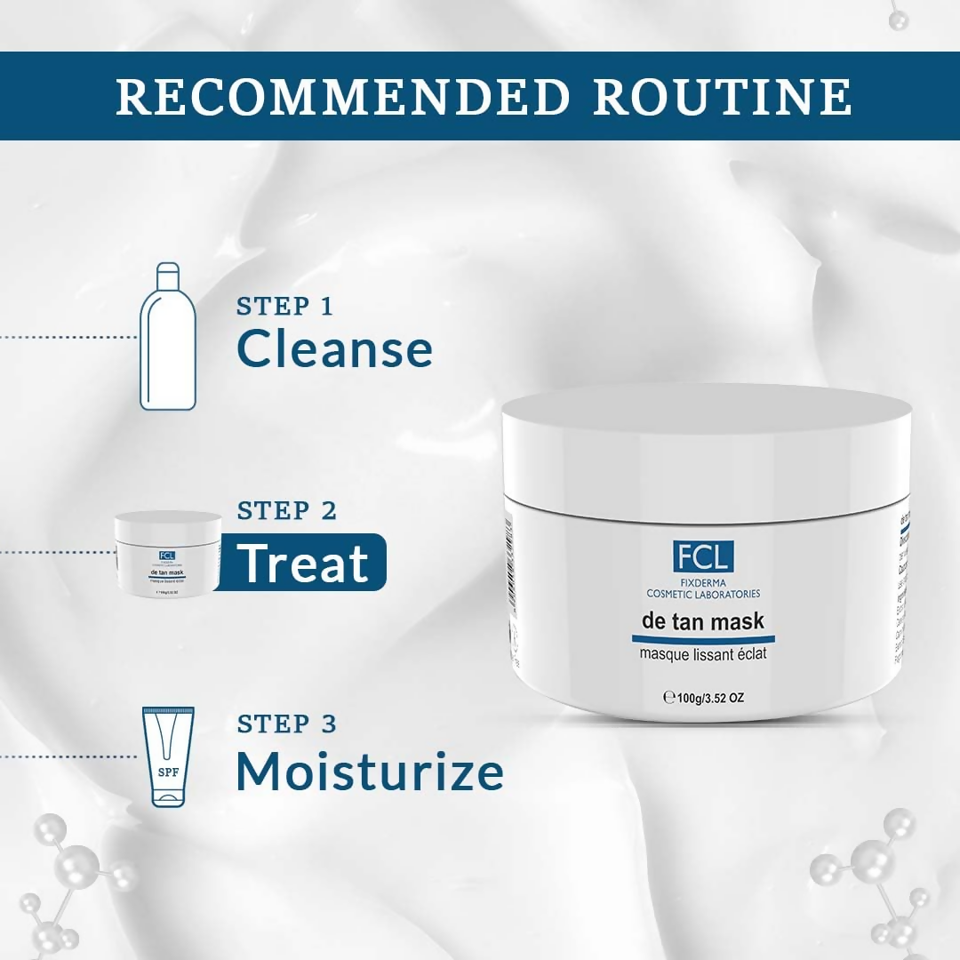FCL De Tan Face Mask showing creamy texture and application on skin for brightening and skin tone improvement.
