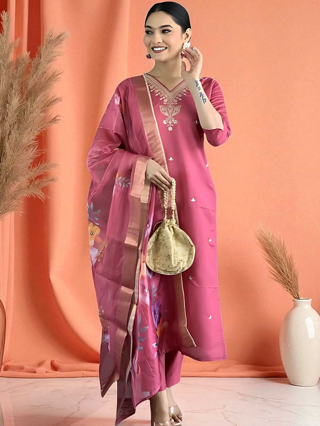 Indyancart SN Women's Embroidered Pure Cotton Straight Kurta With Pyjama & Dupatta