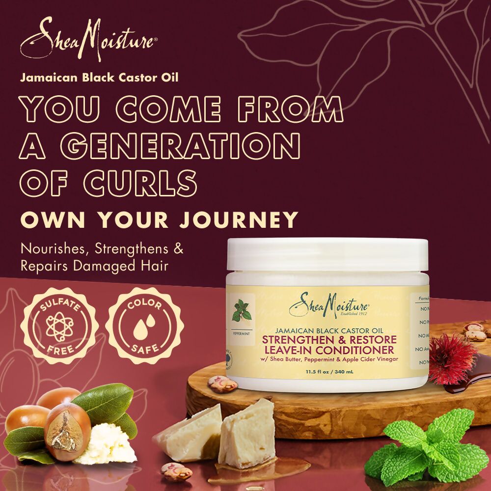 Shea Moisture Strengthen & Restore Leave-In Conditioner bottle with pump for nourishing hair care.