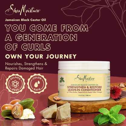 Shea Moisture Strengthen & Restore Leave-In Conditioner bottle with pump for nourishing hair care.