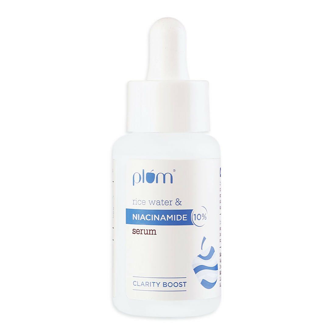 Plum Brightening Face Serum with 10% Niacinamide and Rice Water, featuring a dropper bottle for blemish and dark spot reduction.