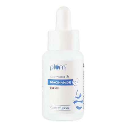 Plum Brightening Face Serum with 10% Niacinamide and Rice Water, featuring a dropper bottle for blemish and dark spot reduction.