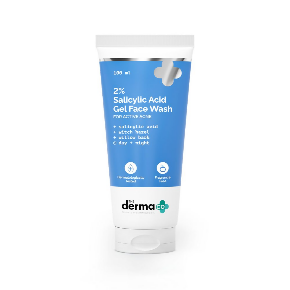 The Derma Co 2% Salicylic Acid Gel Face Wash with clear gel texture in a tube, designed for acne-prone skin.