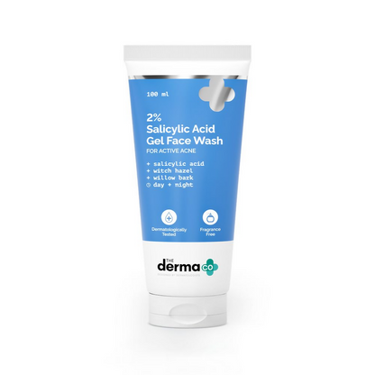 The Derma Co 2% Salicylic Acid Gel Face Wash with clear gel texture in a tube, designed for acne-prone skin.